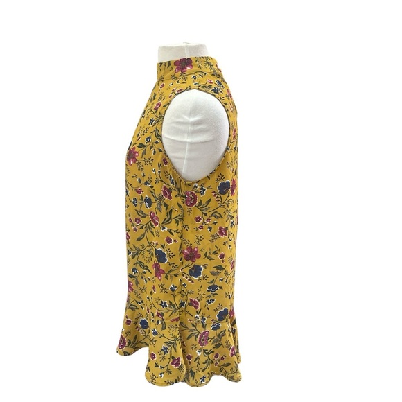 Pleione Mustard Floral High-Neck Sleeveless Blouse Ruffle Hem Size Medium - Picture 2 of 6